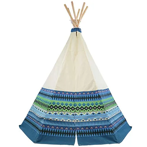 Garden Games Teepee Wigwam - Tenda da gioco per bambini, tela 100% cotone, altezza ca. 150 cm, adatto per utilizzo interno ed esterno, Blu Azteco