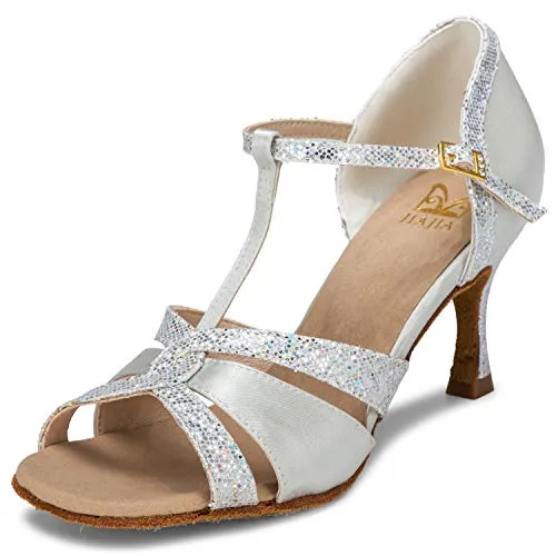 JIA JIA 20519 Latin Women's Sandals 2.7 '' Tacco Svasato Super Satin con Scintillanti Scarpe da Ballo Glitterate Colore Argento, Taglia 42 EU