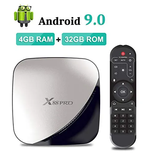 X88 PRO Android 9.0 TV BOX 4GB RAM 32GB ROM RK3318 Quad-Core 64bit Cortex-A53 CPU Penta-Core Mali-450 GPU 2.4GHz e 5GHz Dual Band WiFi H.265 4K Media Player