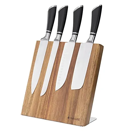 Navaris Porta Coltelli da Cucina Magnetico - Ceppo Portacoltelli Utensili Universale 27,7x27,5cm Tavoletta Magnetica Salvaspazio Legno Marrone Acacia