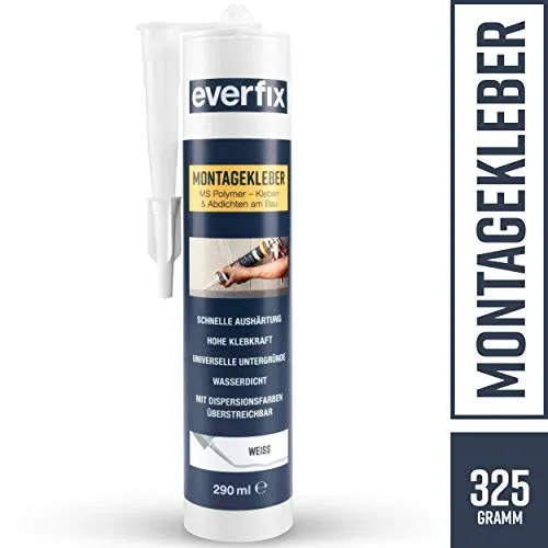 EVERFIX - Colla di montaggio per interni ed esterni, potente per metallo, legno, piastrelle, ecc., universale, per incollare e sigillare, 325 g / 290 ml, Bianco