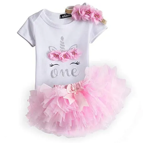 NNJXD Ragazza Neonata è Il Mio 1 ° Compleanno 3 Pezzi Abiti Pagliaccetto + Gonna + Fascia 1 Anni(Taglia1) 645 Rosa-T