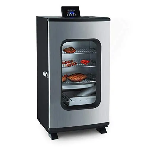 KLARSTEIN Flintstone - Affumicatore Elettrico, Smoker, 650 W, 4 Griglie, Vaschetta Raccogligocce, Pannello Comandi Pieghevole, Temperatura Fumo da 37 a 136 ° C, Acciaio Inox, Nero Lucido