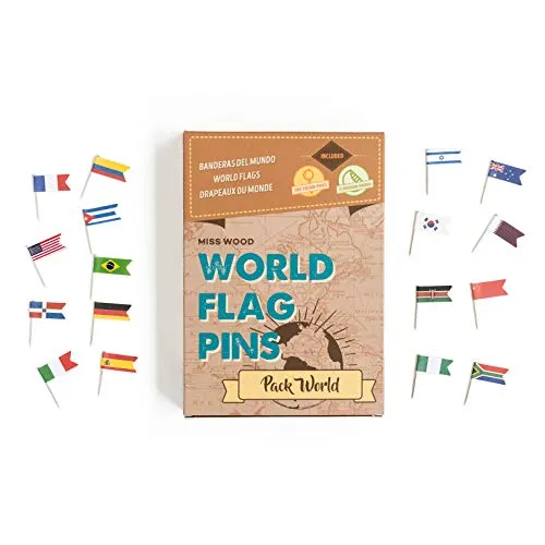 Miss Wood World Pack-Bandierine del mondo. Puntine per Mappa, Adesivo, Marrone, taglia unica