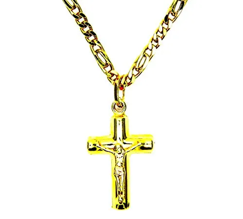Collana Oro Giallo 18kt (750) Catena Pernice Grumetta con Pendente Religioso Croce Gesù Cristo Uomo Donna