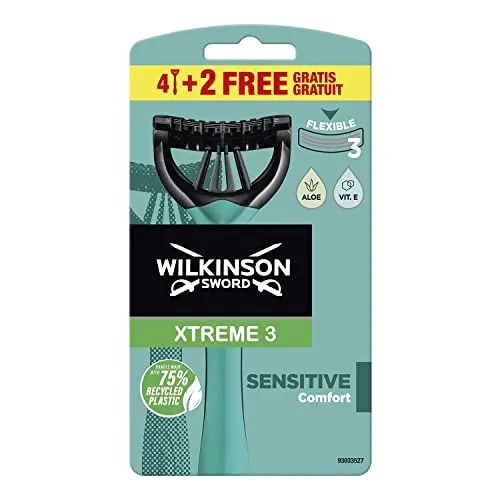Wilkinson Sword Rasoio Usa e Getta Xtreme 3 Sensitive, 4 Rasoi + 2 in Omaggio