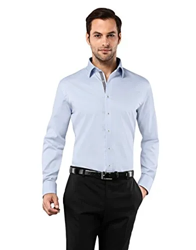 Vincenzo Boretti Camicia Uomo Eleganti, Taglio Aderente/Slim-Fit, Collo Classico, Manica Lunga, in Tinta Unita con Inserti in Contrasto - Non Stiro/Non-Iron Blu Ghiaccio/Marrone 41/42