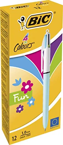 Bic4 Colours Fun Penna a scatto, Punta Media 1,0 mm, Fusto verde chiaro, 4 Colori di inchiostro in una sola Penna, Confezione da 12