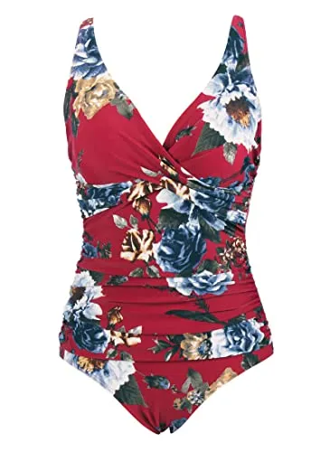 Laorchid, costume da bagno intero con scollo a V, costume da bagno da donna, costume da bagno a vita alta, Rosso con fiori, 52