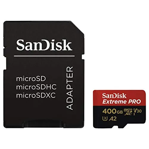SanDisk Extreme Pro 400 GB microSDXC Memory Card + SD Adapter with A2 App Performance + Rescue Pro Deluxe 170 MB/s Class 10, UHS-I, U3, V30, Red/Gold SDSQXCZ-400G-GN6MA