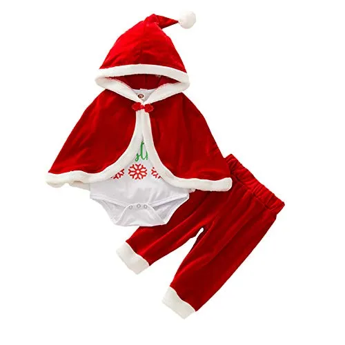 Geagodelia Set di Vestiti Natalizi per Neonate Babbo Natale Tuta a Maniche Lunghe con Stampa a Lettere Pantaloni Mantello con Cappuccio Costume Natalizio (Rosso, 6-12 Mesi)