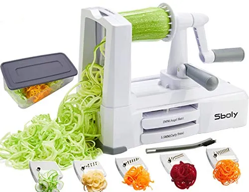 Sboly Spiralizer per verdure Affettatrice di verdure con 5 lame, Zucchine Spaghetti Maker Zoodle Maker Creatore di pasta vegetariano, Affettatrice di mandolino più resistente e pesante con contenitore