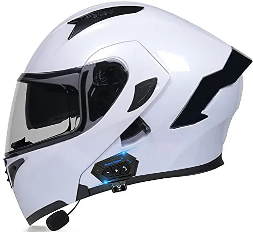 Casco Moto Modulare Bluetooth Casco Moto Integrale Nero Lucido Omologato ECE Doppia Visiera Da Corsa Uomo Donna Bici Caschi Apribile Bluetooth Per Moto 3,XL
