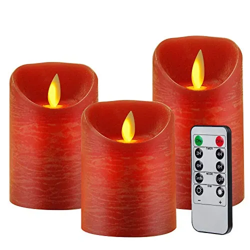 Candele LED Set Fiamma LED Lampeggiante in 3 Pezzi 10 * 12,5 * 15cm con Timer Telecomando, per Natale Feste Decorazione Matrimonio, Rosso