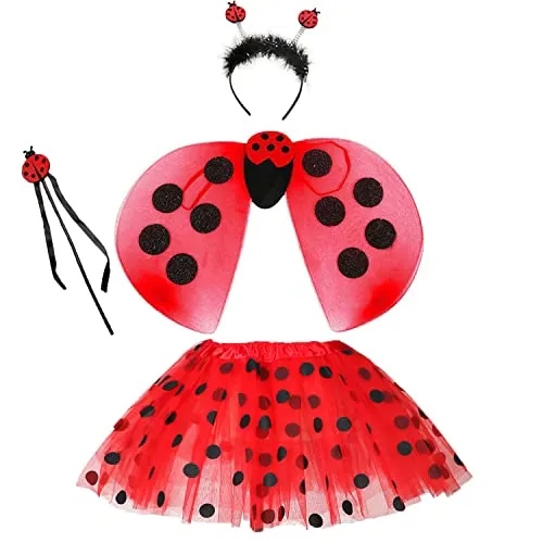 4 Pezzi Costumi da Coccinella Bambina,Gonna a Tulle Ali Bacchetta e Cerchietto, Costumi da Ladybug per Festa di Halloween Carnevale