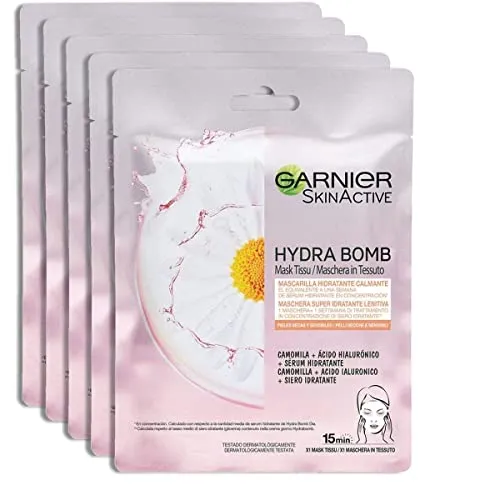 Garnier SkinActive, Maschera in tessuto super-idratante e lenitiva Hydra Bomb, Per pelli secche e sensibili, Camomilla, Confezione da 5