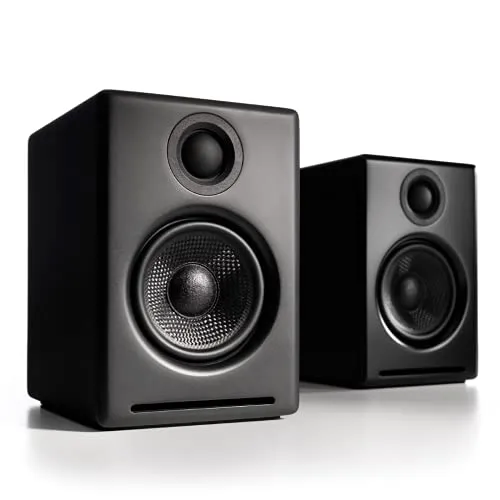 Audioengine A2+ Haut-parleurs Bluetooth sans fil pour ordinateur - Système de haut-parleurs Bluetooth 60W pour la maison, le studio, le jeu avec Bluetooth aptX, AUX et USB DAC (Noir, Paire)