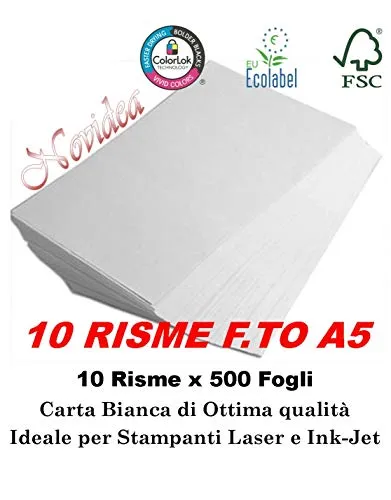10 Risme CARTA A5 80gr 500 Fogli Carta Bianca Fotocopie Stampante 14,8x21cm RicetteRICETTE - 5000 FOGLI