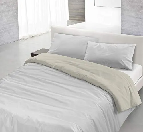 Italian Bed Linen Parure Copri Piumino Natural Color, Grigio Chiaro/Panna, Matrimoniale