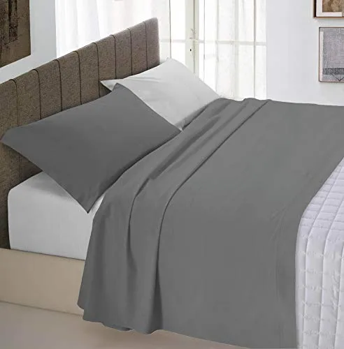 Italian Bed Linen Natural Color Completo Letto Doppia Faccia, 100% Cotone, (Grigio Chiaro/Fumo), Matrimoniale, 4 Unità