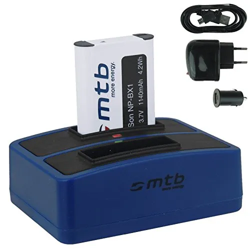 Batteria + Caricabatteria doppio (USB/Auto/Corrente) compatibile con Sony NP-BX1 / Sony Action Cam FDR-X3000(R), X1000V / HDR-AS200V, AS100V, AS50, AS30(V). v. lista!
