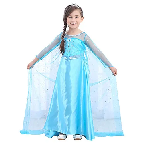 URAQT Elsa Frozen Costume, per Bimba con Vestito Lungo, Colore Blu, Taglia 150 per 7-8 anni