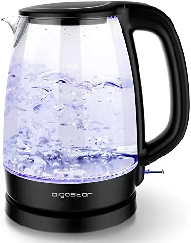 Aigostar Adam - Bollitore Acqua Elettrico in Vetro Borosilicato con LED, 1,7 litri, 2200W, Spegnimento Automatico, Filtro Anticalcare, Base di rotazione a 360° in Acciaio Inox, Teiera Senza BPA Nero