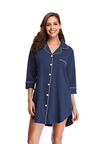 SHEKINI Camicie da Notte in Cotton con Chiusura a Bottone Pigiami Camicia Donna(S, Blu Scuro)