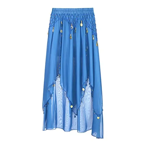 TiaoBug Gonna Danza Classica Donna Gonna Tango Maxi Lunga Danza del Ventre Chiffon Vestito da Danza Moderna Ballo Standard Elegante Paillettes Gonna da Ballo Valzer Dancewear Cielo Blu Taglia Unica