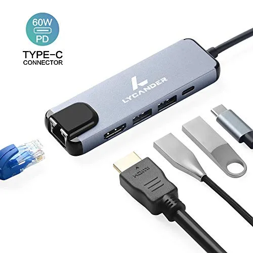 LYCANDER Hub USB C, 5 in 1 tipo C Hub con Ethernet, 4K HDMI, 2 porte USB 3.0, USB C, Hub portatile per MacBook Pro e altri dispositivi di tipo C