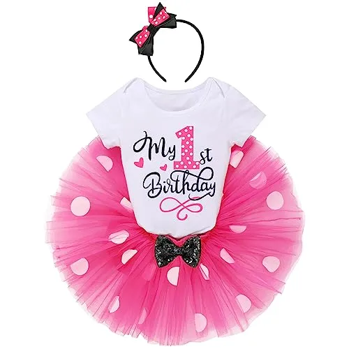 IMEKIS Neonate Minnie Compleanno Completo Manica Corta Pagliaccetto Tutu Gonna und Orecchio di Topo Fascia 3 pezzi Vestiti Estivi Set Servizio Fotografico Costume Rosa caldo 1 anno