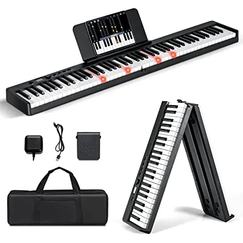 COSTWAY Tastiera Elettrica Pieghevole con 88 Tasti, Pianoforte Digitale Portatile con Supporto USB/MIDI, Doppio Altoparlante, Borsa di Trasporto (Nero)