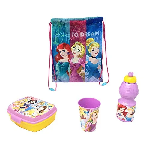 SET PRANZO 4 Pezzi Principesse Disney Sacca PORTAMERENDA Borraccia Sport Bicchiere Scuola Tempo Libero - LB01PR