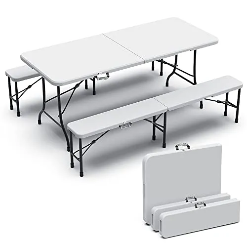 VOUNOT Set Birreria Tavolo e 2 Panche Pieghevoli, Set di Mobili da Giardino con Manico di Trasporto, per Campeggio Picnic Esterno, Bianco, 180x75x72cm