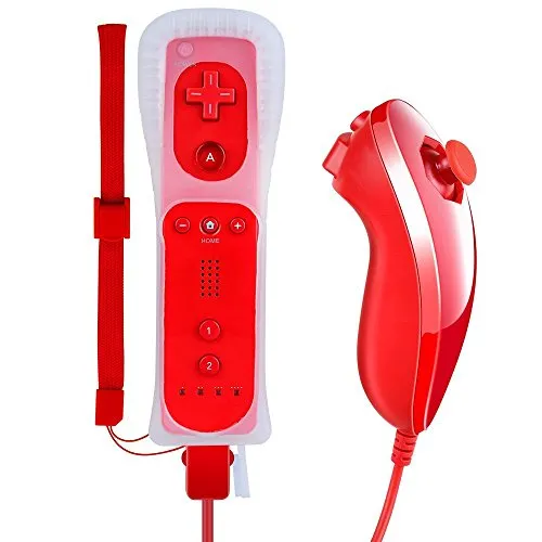 Tanouve Controller Wii Motion Plus, 2 In 1 Nunchuck Costruito Motion Plus Telecomando Remote Set Per Nintendo Wii e La Console Wii u Con Custodia In Silicone + Custodia - Rosso