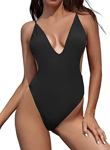 SHEKINI Costume da Bagno per Donna Intero Profondo Scollo a V Monokini Beachwear Regolabili Backless Alto Cut Brasiliana Perizoma Costumi Spiaggia (S, Nero)