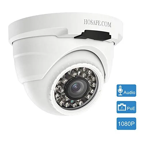 HOSAFE POE Camera Outdoor 1080P con audio, telecamera di sorveglianza di sicurezza domestica, visione notturna a 50 piedi, allarme rilevamento movimento, compatibile con ONVIF NVR o software