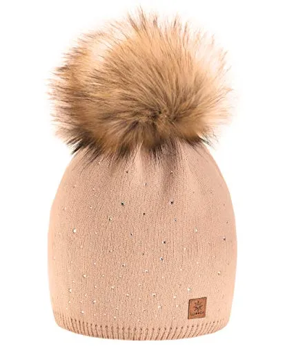 morefaz Winter Cappello Cristallo più Grande Pelliccia Pom Pom Invernale di Lana Berretto delle Signore delle Donne Beanie Hat Pera Sci Snowboard di Moda MFAZ Ltd (Beige)