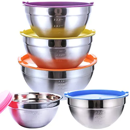 SaiXuan insalatiera in acciaio inox,5 pezzi,Ciotola in acciaio inox,set con coperchio, impilabile, ciotola per il mixing Bowl, contenitore in acciaio inox, set di ciotole in acciaio inox