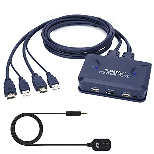 TCNEWCL 4K KVM Switch HDMI USB 2 porte, Commutatore HDMI USB con Cavo Fisso da 1,2 m, per 2 PC condivisione 1 Monitor e Tastiera, Mouse, Scanner, Stampante, con Telecomando