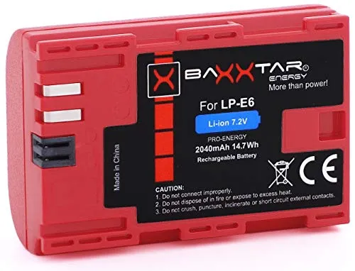 Baxxtar Pro Batteria LP-E6 (2040 mAh) con Infochip, sistema della batteria intelligente, Compatibile con Canon EOS 70D 60D 60Da 7D Mark II 6D Mark I II 5D Mark II III IV