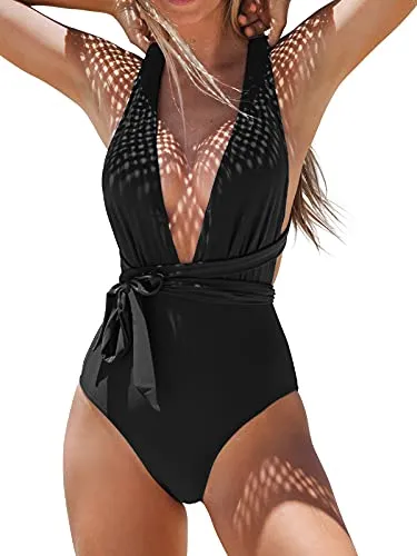 CUPSHE Costume da bagno intero da donna sexy con scollo a V profondo costume da bagno incrociato posteriore con laccetti, nero, L