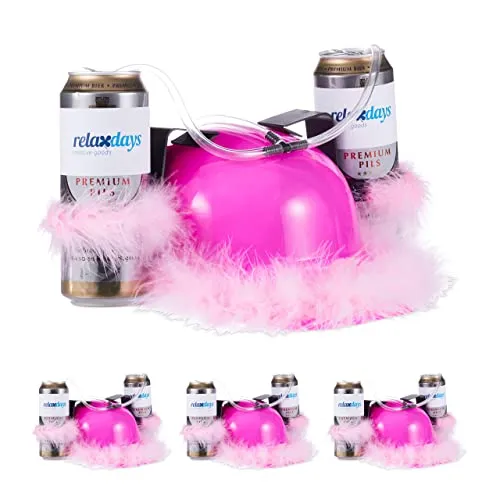 Relaxdays 4x Cappello Porta Bibite Fucsia, Elmetto con Cannuccia, 2 Lattine di Birra, per Feste a Tema, con Piume Rosa