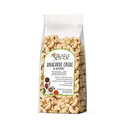 Anacardi al Naturale interi 1 Kg, non tostati, non salati, senza conservanti. Anacardi crudi naturali senza sale. Frutta secca di primissima scelta. Italia Spezie