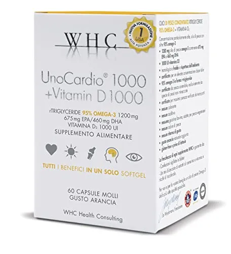 Unocardio 1000 Omega 3 Concentrato al 95% + Vitamina D 1000 IU, 60 Capsule da 1200 mg estratto a Freddo, 5 Stelle IFOS