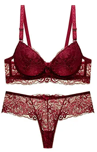 SHEKINI Completi Intimi da Donna Lingerie Reggiseno con Ferretto in Pizzo Spalline Removibili Elegance Push Up Reggiseno e Perizoma Set da 2 Pezzi