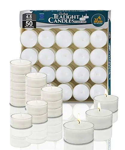 Ner Mitzvah Candele Tealight - Set da 50 Candele Bianche - Lumini Bianchi Non Profumati in Porta candele Trasparente - Candele Bianche Lunga Durata - Tea Light Candele 4,5 Ore