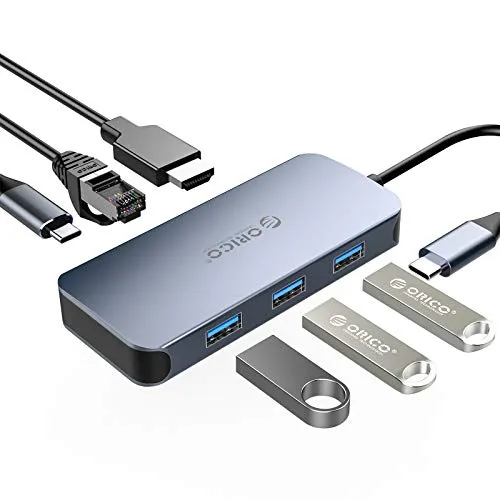 Hub adattatore USB-C 6 in 1 in alluminio ORICO, con HDMI 4K, RJ45 Gigabit Ethernet 1000M, alimentatore di tipo C, 3 porte USB 3.0 per MacBook, Huawei Matebook e altri dispositivi USB C
