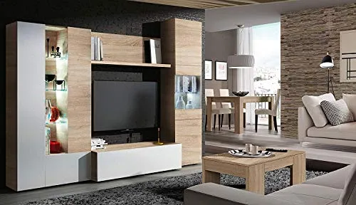 EGLEMTEK Parete Attrezzata Mobel Mobile Soggiorno TV con Mensola Illuminazione LED Salotto Legno Base Televisione Sala da Pranzo Design Moderno 260 x 185 x 42 cm Colore Bianco Lucido e Rovere