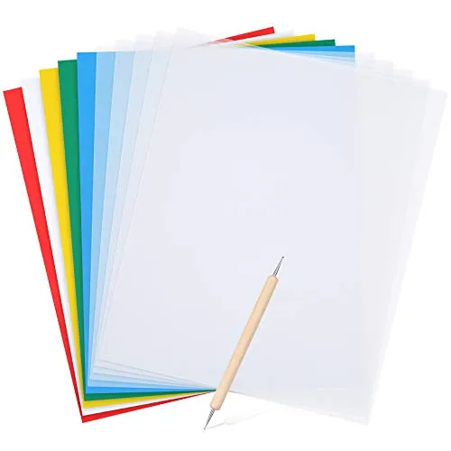 Pllieay - Set di 11 fogli di carta transfer, include 5 pezzi di carta transfer in colori assortiti, 28 x 23 cm, 5 pezzi di carta da lucido e 1 bulino da embossing per tessuti, tela, legno, punto croce